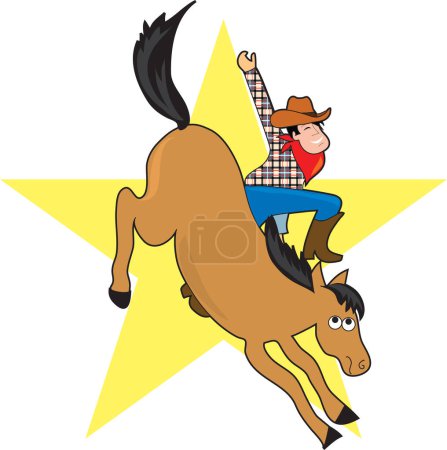 Illustration for A cowboy rides a bucking bronco.  He looks happy that he's still on board. - Royalty Free Image