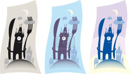 Illustration for The old town tower invites to a restaurant for a dinner. Vector design. - Royalty Free Image