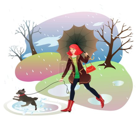 Illustration for Woman with umbrella walking a dog among the puddles in the autumn park. It's raining. - Royalty Free Image