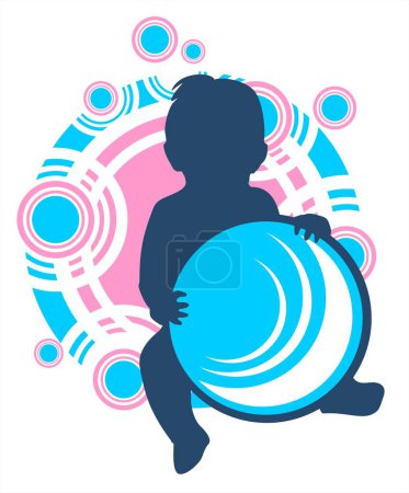 Illustration for Dark children's silhouette with ball on a white abstract background. - Royalty Free Image
