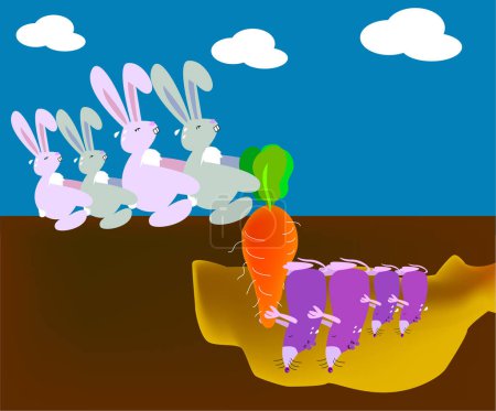 Illustration for A vector, illustration for a rabbit's family try to pull out a carrot, but at the same time shrewmouse family also want to pull out the carrot on the other side. Metaphors for struggle, invisible enemy and trouble - Royalty Free Image