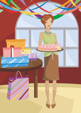 Téléchargez les illustrations : Une rousse tient un gâteau d'anniversaire, des bougies allumées, des cadeaux sur la table et des banderoles suspendues au plafond... avec un morceau de gâteau manquant et un sourire sournois sur son visage. Format EPS - en licence libre de droit