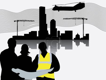 Illustration for Silhouette of construction site with crane towers and builders - Royalty Free Image