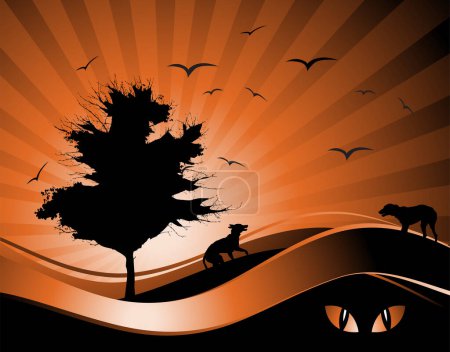 Téléchargez les illustrations : Vieil arbre silhouette, fond de saison - en licence libre de droit