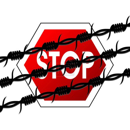 Illustration for Barbed wire lines crossed over stop sign - Royalty Free Image