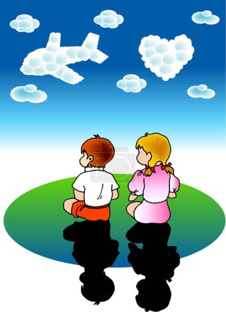 Téléchargez les illustrations : Illustration vectorielle d'un rêve de garçon fille : les nuages deviennent un avion et l'amour - en licence libre de droit