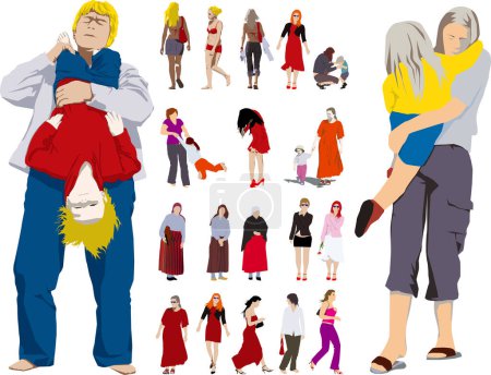 Téléchargez les illustrations : Illustration vectorielle couleur de la femme, fille et enfant. - en licence libre de droit