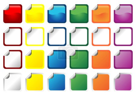 Illustration for Promotional square stickers with different colors and curl over white - Royalty Free Image