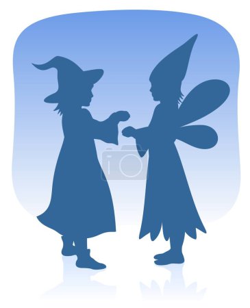 Ilustración de Tho niños siluetas sobre un fondo azul. ilustración de Halloween. - Imagen libre de derechos