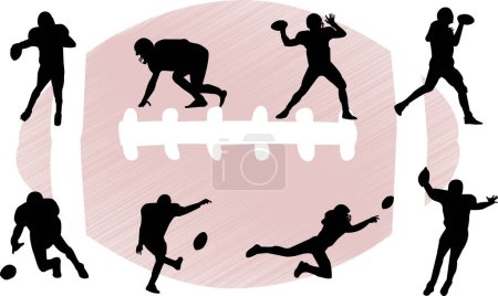 Illustration for Silhouettes playing american football, ball as a background,  each can be used separately - Royalty Free Image
