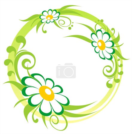 Illustration for Three ornate flowers and curls with green strips  on a white background. - Royalty Free Image