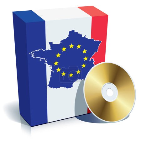 Illustration for French software box with national colors, map and european union stars. - Royalty Free Image