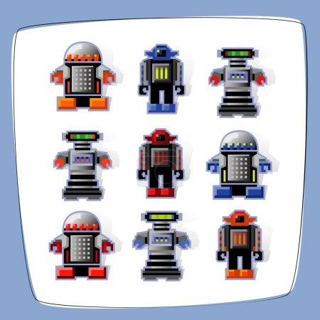Ilustración de Iconos coloridos, pixel art robot con sombra proyectada. Fácil de editar archivo vectorial. - Imagen libre de derechos