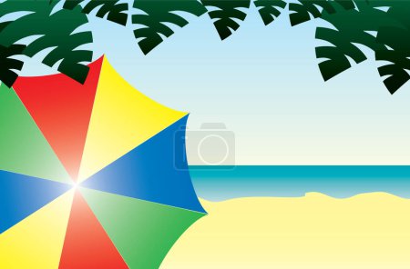 Ilustración de Una escena de playa con un paraguas colorido - Ideal para una invitación de verano! - Imagen libre de derechos