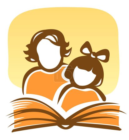 Ilustración de Siluetas estilizadas de la niña y la mujer, leyendo el libro. - Imagen libre de derechos