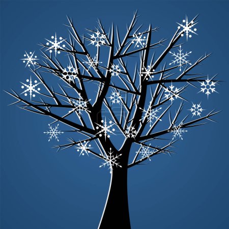 Ilustración de Árbol desnudo sobre fondo azul con cristales de nieve - Imagen libre de derechos