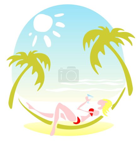 Téléchargez les illustrations : Jolie fille couchée dans un hamac sur un fond de ciel avec du soleil. - en licence libre de droit