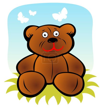 Illustration for Cartoon toy bear and butterflies on a blue sky background. - Royalty Free Image
