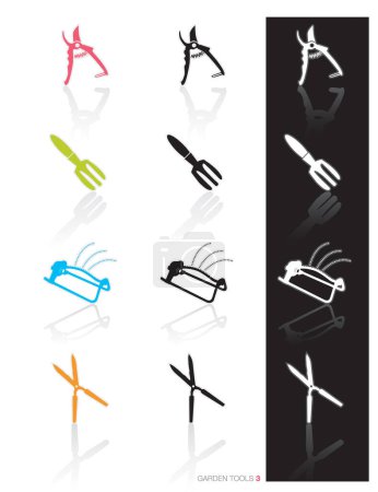 Téléchargez les illustrations : Ensemble coloré d'icônes d'outils de jardin dans 3 styles ; Montage facile art vectoriel - en licence libre de droit