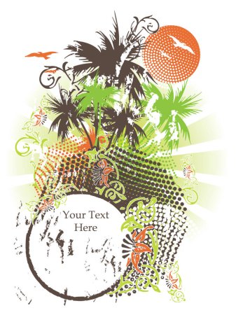 Téléchargez les illustrations : Conception estivale grandiose avec palmiers, mouettes volantes, fleurs et avec un endroit détaché pour des exemples de textes. Vacances - en licence libre de droit
