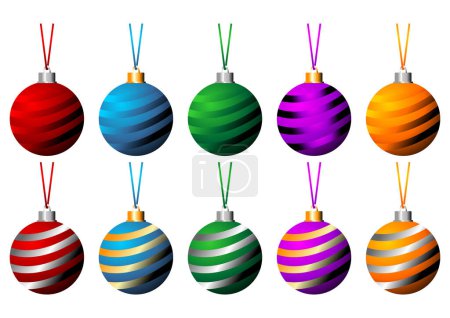 Illustration for Sriped Christmas balls with ribbons in different colors isolated over white background - Royalty Free Image