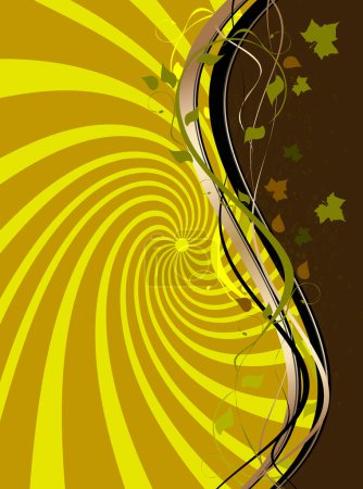 Téléchargez les illustrations : Fond jaune-brun-or avec vagues abstraites, ornement floral et feuille - en licence libre de droit