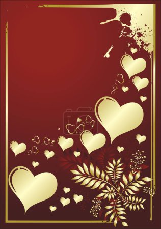 Ilustración de Corazones de oro sobre fondo rojo con adorno - Imagen libre de derechos