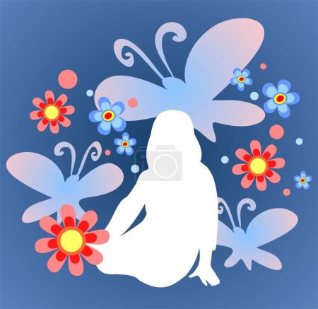 Téléchargez les illustrations : Silhouette blanche de la fille assise et les papillons sur un fond bleu. - en licence libre de droit