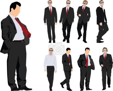 Ilustración de Grupo de nueve poderosos empresarios. Silueta de vector de color - Imagen libre de derechos