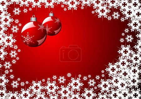 Ilustración de Cristales de nieve y bolas de Navidad sobre rojo - Imagen libre de derechos