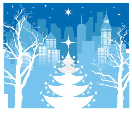 Ilustración de Silueta de árbol de Navidad en un fondo de la ciudad de invierno - Imagen libre de derechos