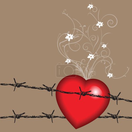 Illustration for Valentine background with big heart on barbwire, and small flowers on vines - Royalty Free Image