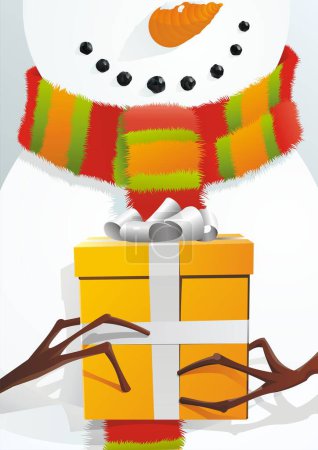 Téléchargez les illustrations : Une illustration vectorielle entièrement évolutive de bonhomme de neige détient le cadeau. Joyeuses fêtes! - en licence libre de droit
