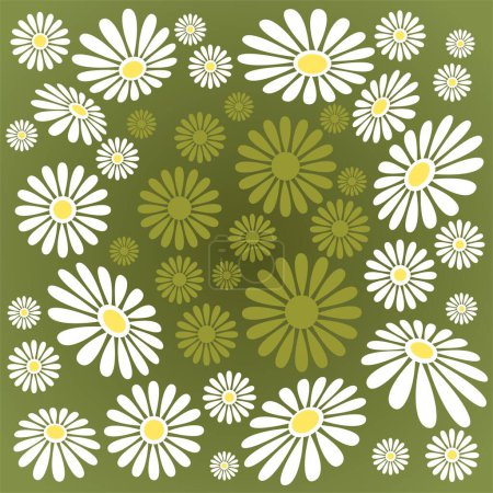 Illustration for White ornate chamomiles pattern on a green background. - Royalty Free Image
