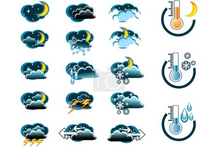 Illustration for Weather Forecast vector icone set (night) and Thermometers - Royalty Free Image