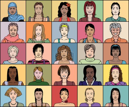 Ilustración de Veinticinco mujeres adultas de diversas edades y nacionalidades - Imagen libre de derechos