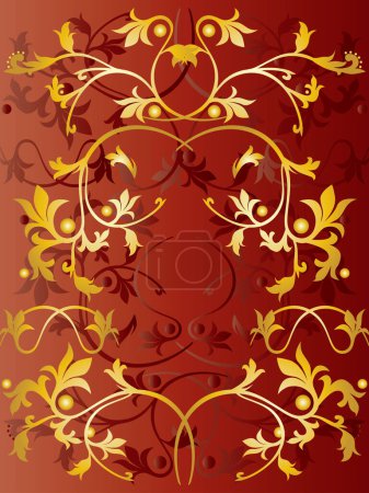 Ilustración de Patrón floral vectorial color oro sobre fondo rojo. - Imagen libre de derechos