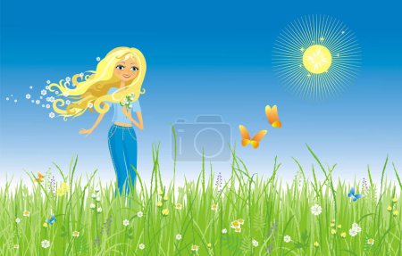 Illustration for The girl and butterfly. Grass and flowers. - Royalty Free Image