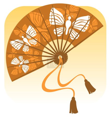 Ilustración de Abanico estilizado con mariposas aisladas sobre fondo amarillo. - Imagen libre de derechos