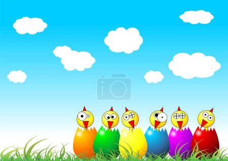 Ilustración de Pollitos de Pascua y huevos en la hierba sobre el cielo azul nublado - Imagen libre de derechos