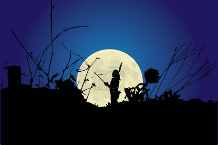Illustration for Silhouette of Indian warrior in front of the full moon - Royalty Free Image