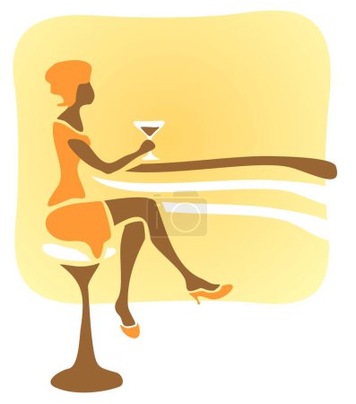 Téléchargez les illustrations : Femme stylisée assise dans un bar et boit un cocktail. - en licence libre de droit