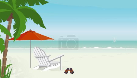 Téléchargez les illustrations : Chaise longue sur une plage tropicale avec flip-flops-voilier au loin ; Fichier en couches facile à éditer. Beaucoup d'espace de copie. - en licence libre de droit