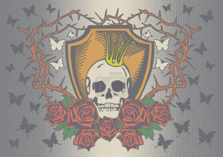 Ilustración de Cráneo con corona y rosas rojas en el fondo sombrío - Imagen libre de derechos