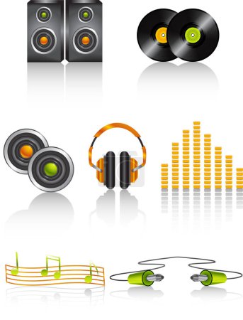 Vector illustration of speakers, vinyl discs, headphones, equalizer, music notes and jacks