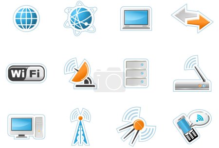 Téléchargez les illustrations : Icônes de la technologie sans fil - douze icônes informatiques - en licence libre de droit