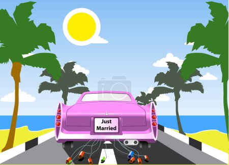 Ilustración de Limusina de boda rosa con palmeras y playa de mar - Imagen libre de derechos