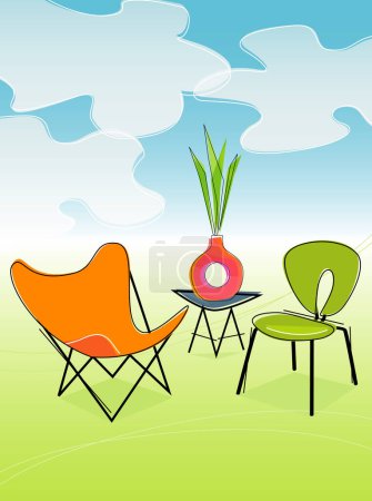 Illustration for Retro Outdoor Patio Seating. Each item is grouped so you can use them independently from the background. Layered file for easy edit--no transparencies or strokes! - Royalty Free Image