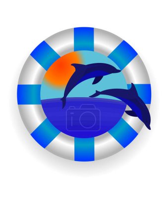 Ilustración de Emblema: un anillo de boya de vida marina con delfines en un vector - Imagen libre de derechos