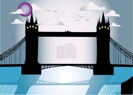 Téléchargez les illustrations : Image vectorielle du paysage urbain de Londres la nuit avec le célèbre Tower bridge - en licence libre de droit